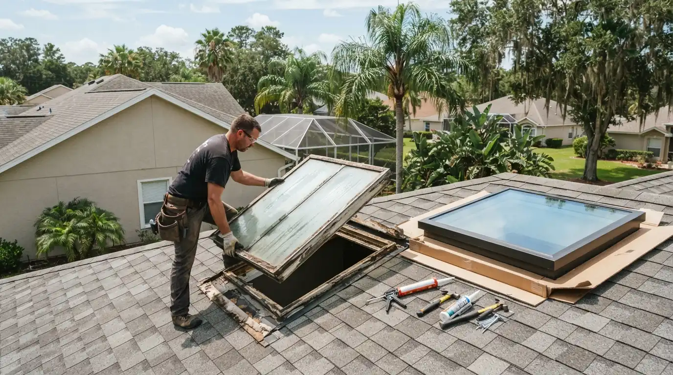 Fogged skylight unit being lifted out of its curb for replacement