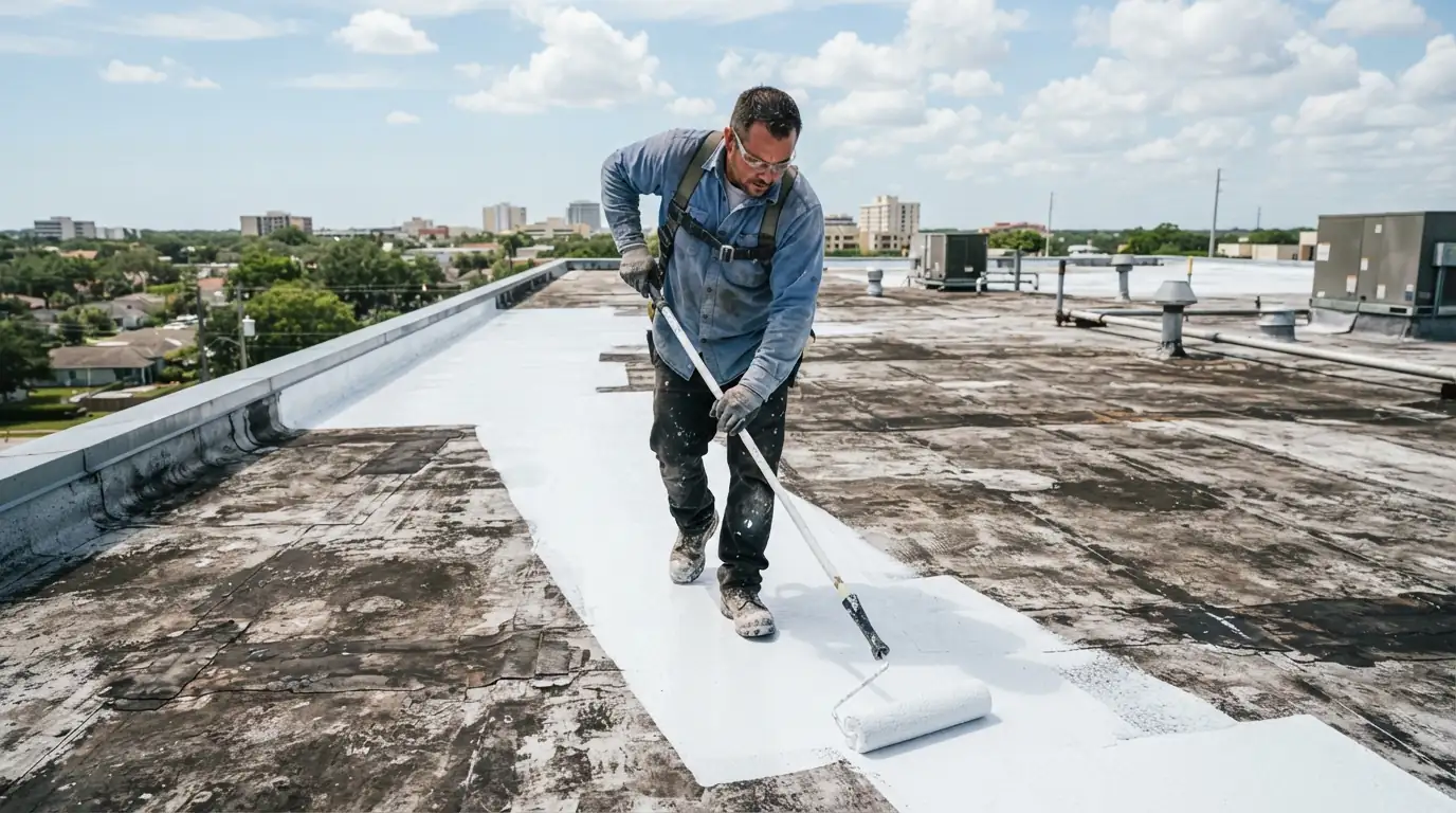 Roofer rolling white silicone coating onto a weathered flat roof