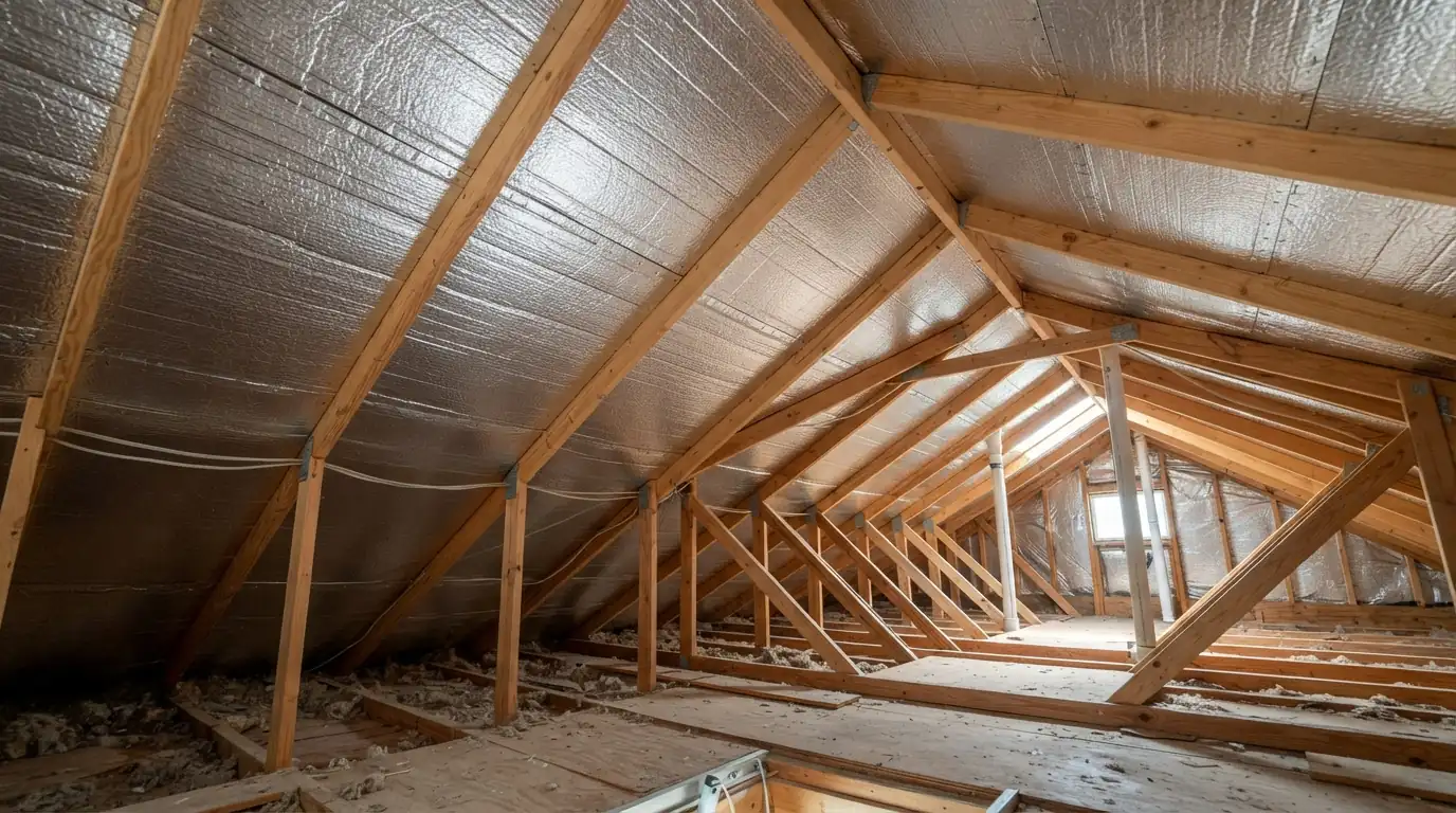 New roof decking with a factory radiant barrier foil face visible from the attic