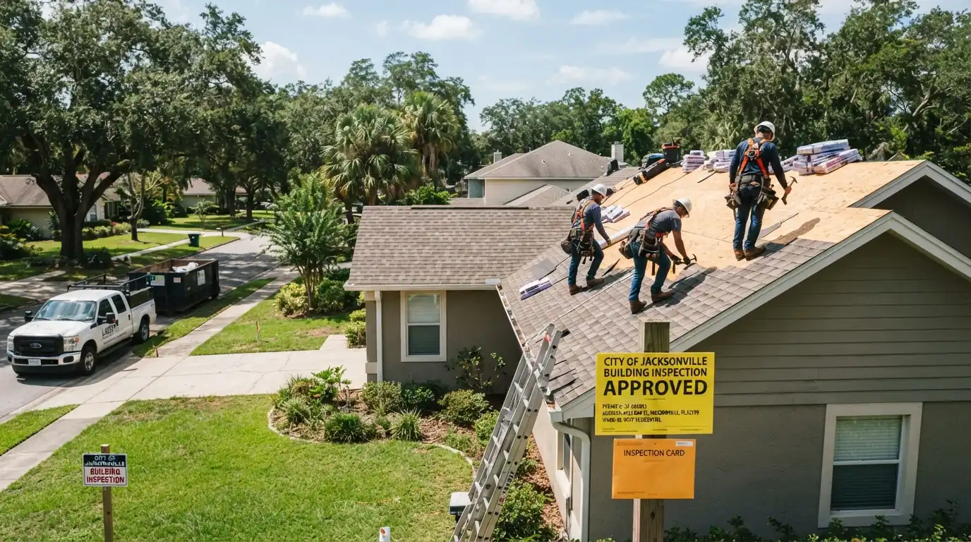 Roofing permit card posted in the window of a Jacksonville house during a reroof
