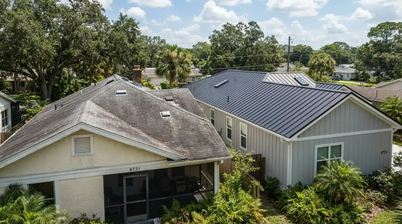 Aging shingle roof beside a newer metal roof on neighboring Florida homes
