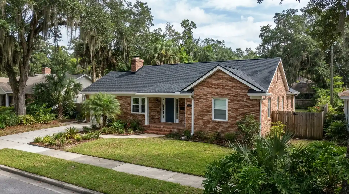 Charcoal architectural shingle roof on a brick ranch home