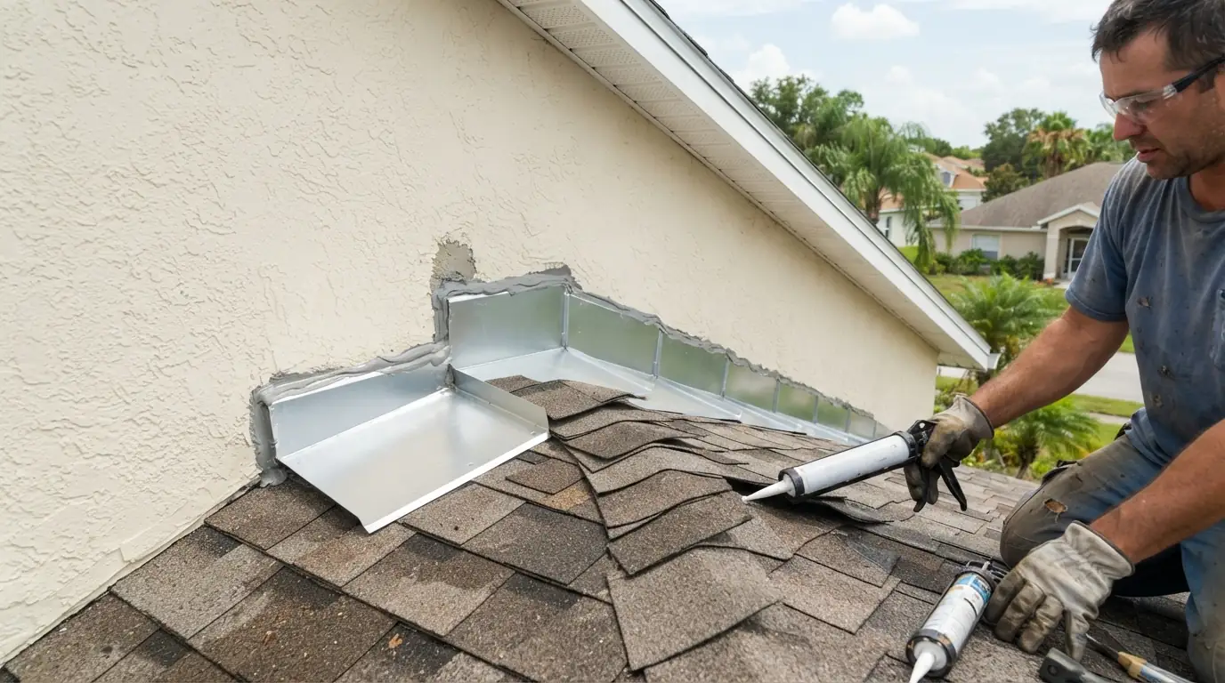 Step flashing and kick-out flashing installed where a roof meets a sidewall