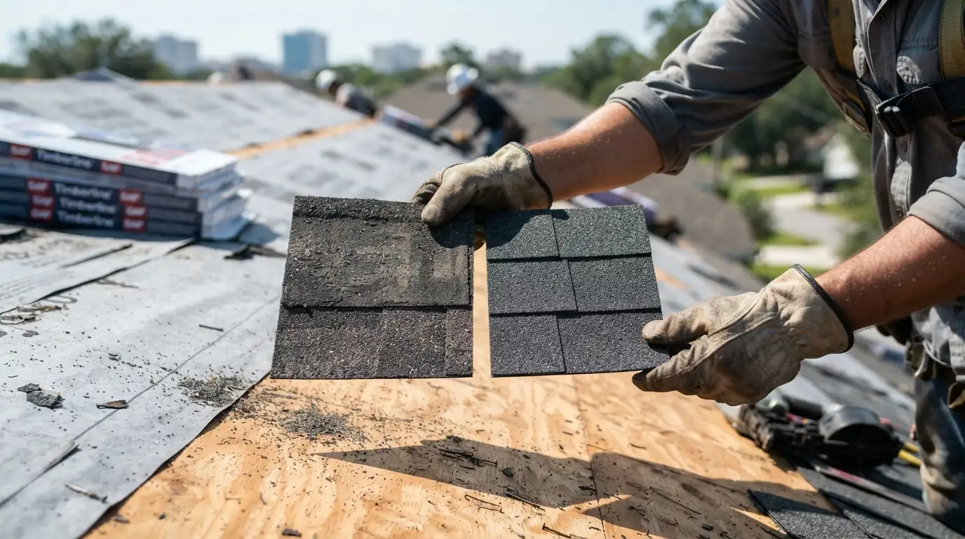 Worn shingle held beside a new one on a roof deck