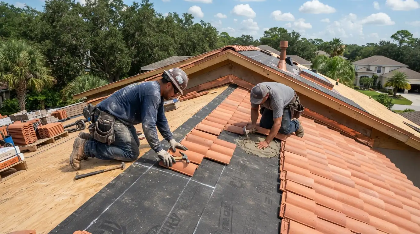 Terracotta clay tile being laid over underlayment on a St. Augustine roof