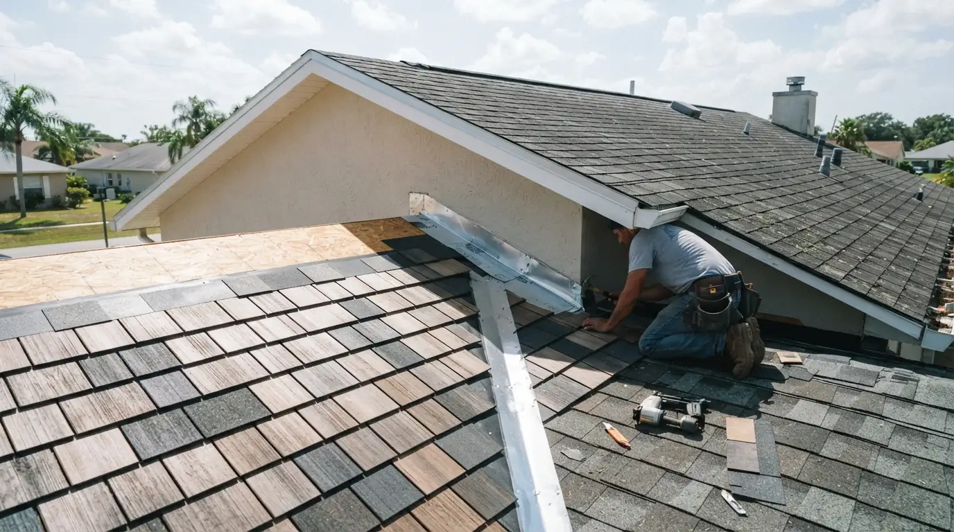 New addition roof tied into an existing shingle roof with a woven valley