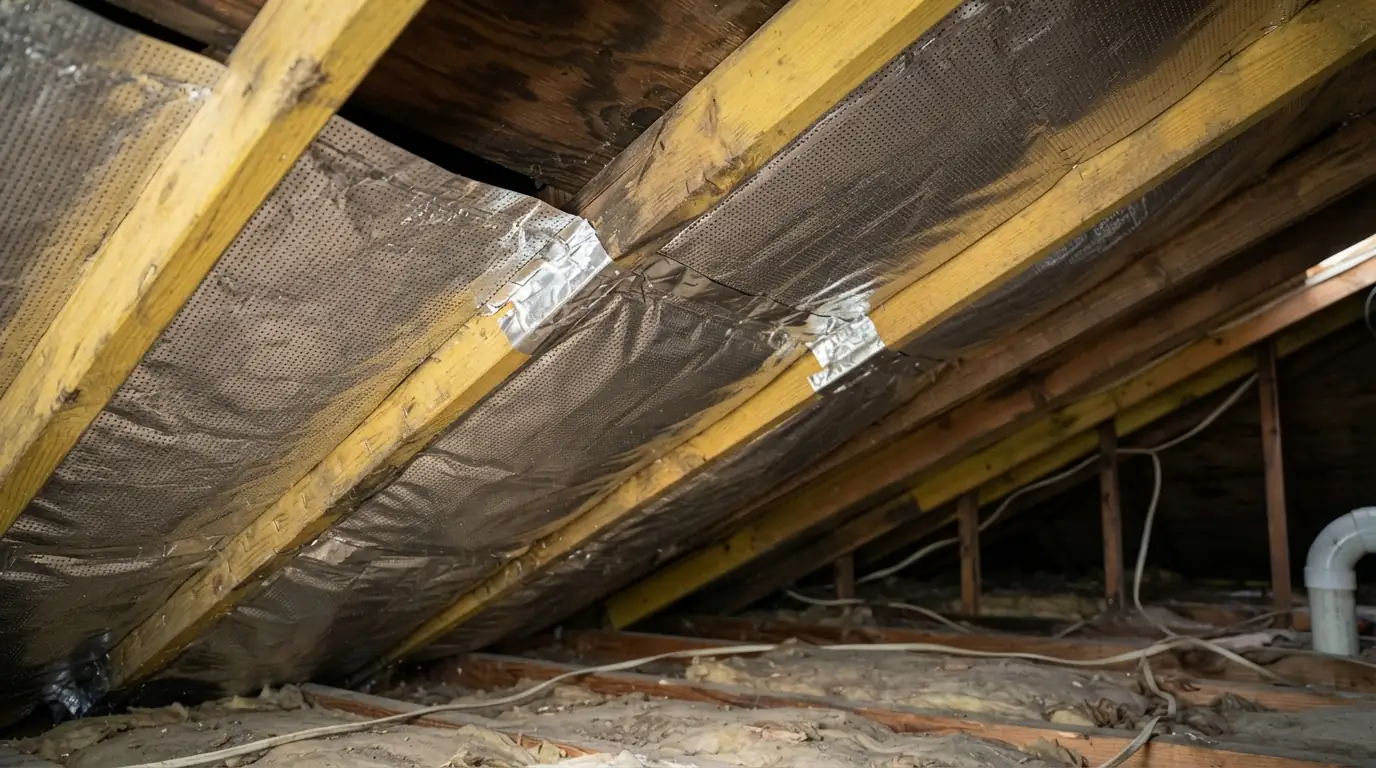 Perforated radiant barrier foil stapled under rafters in an attic