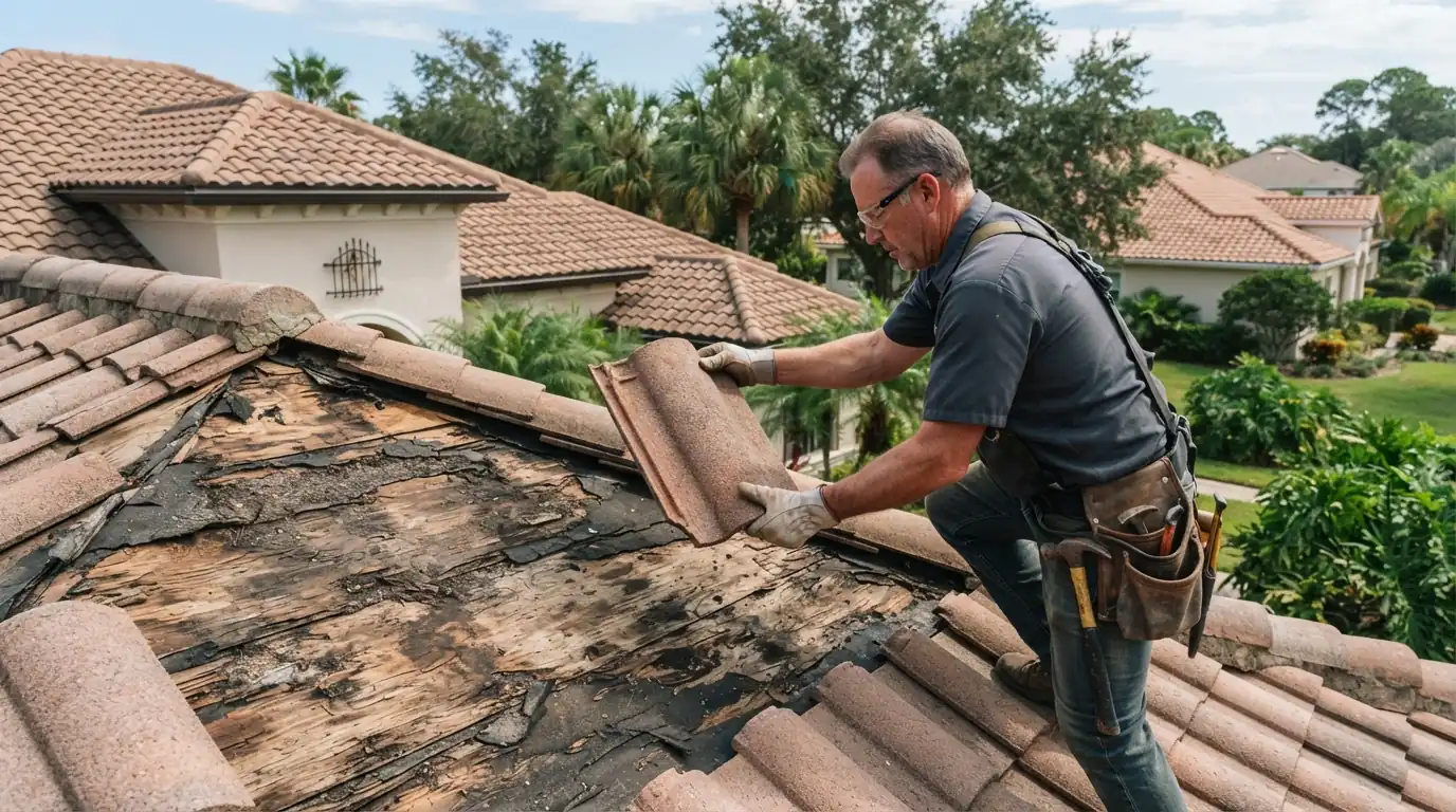 Roofer lifting a concrete barrel tile to expose worn underlayment on a Jacksonville home