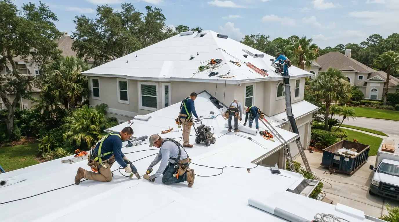 Crew rolling out new TPO membrane over tapered insulation on a commercial roof