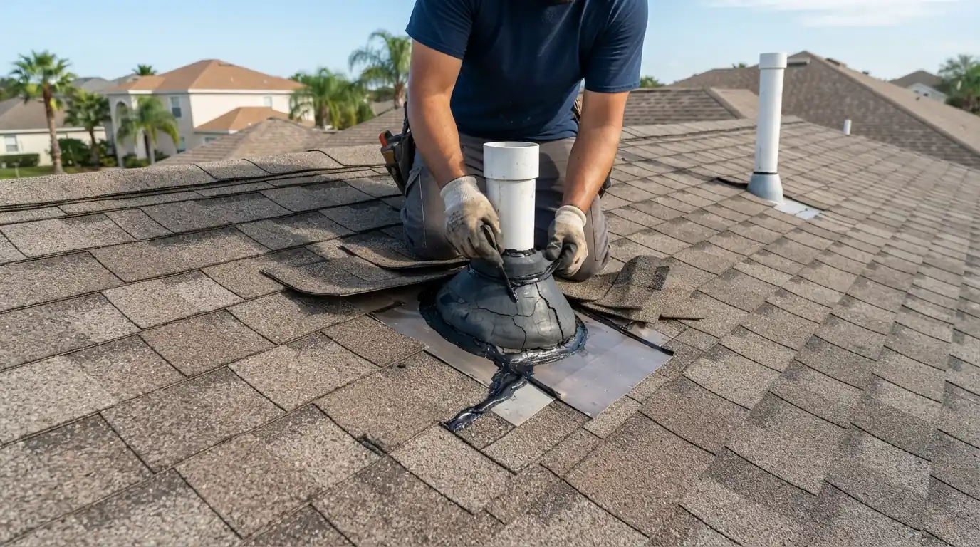 Cracked rubber pipe boot being replaced on a shingle roof