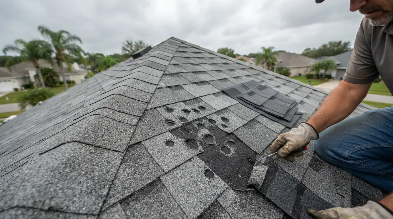Chalk-circled hail hits and granule loss on architectural shingles