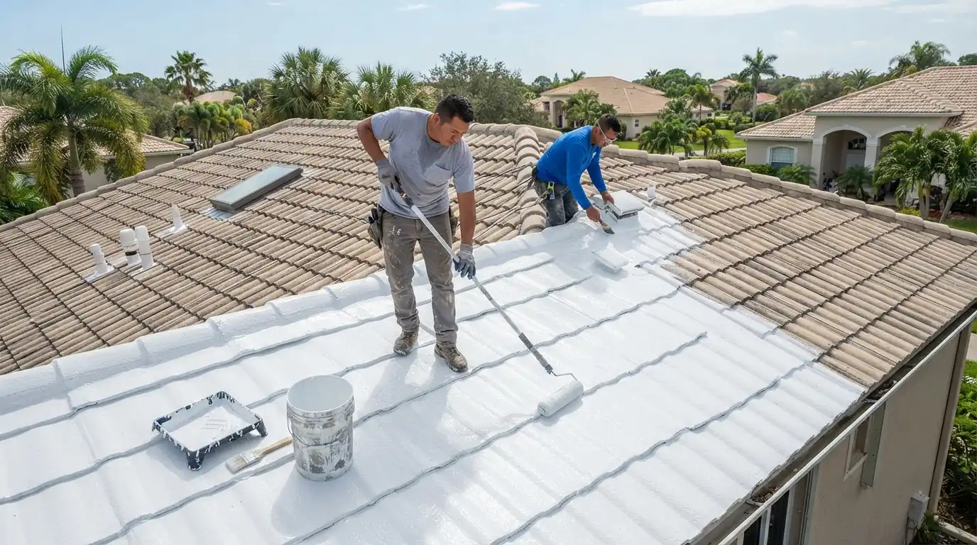Acrylic elastomeric coating being rolled onto a sloped metal roof