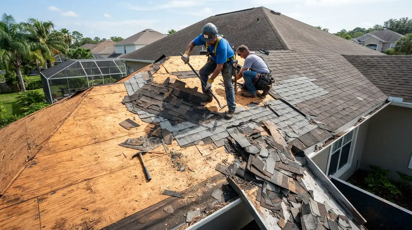 Two layers of old shingles being stripped from a roof deck