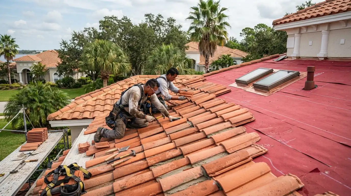 Terracotta barrel clay tile roof detail with a mortarless ridge