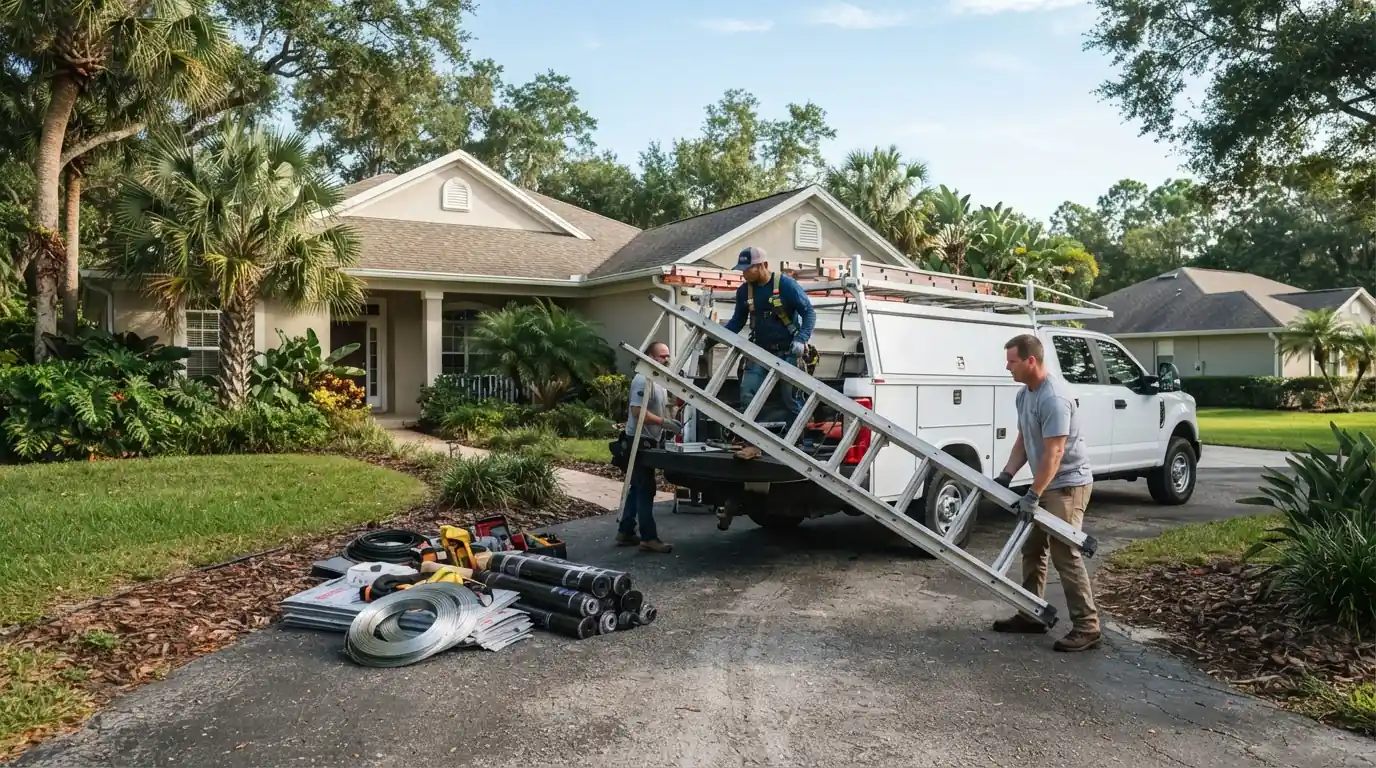 Roofer photographing a roof valley before a repair on a Jacksonville house