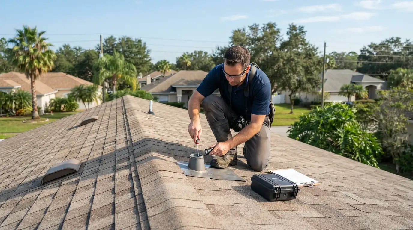 Roof inspection report reviewed with a home buyer on the driveway