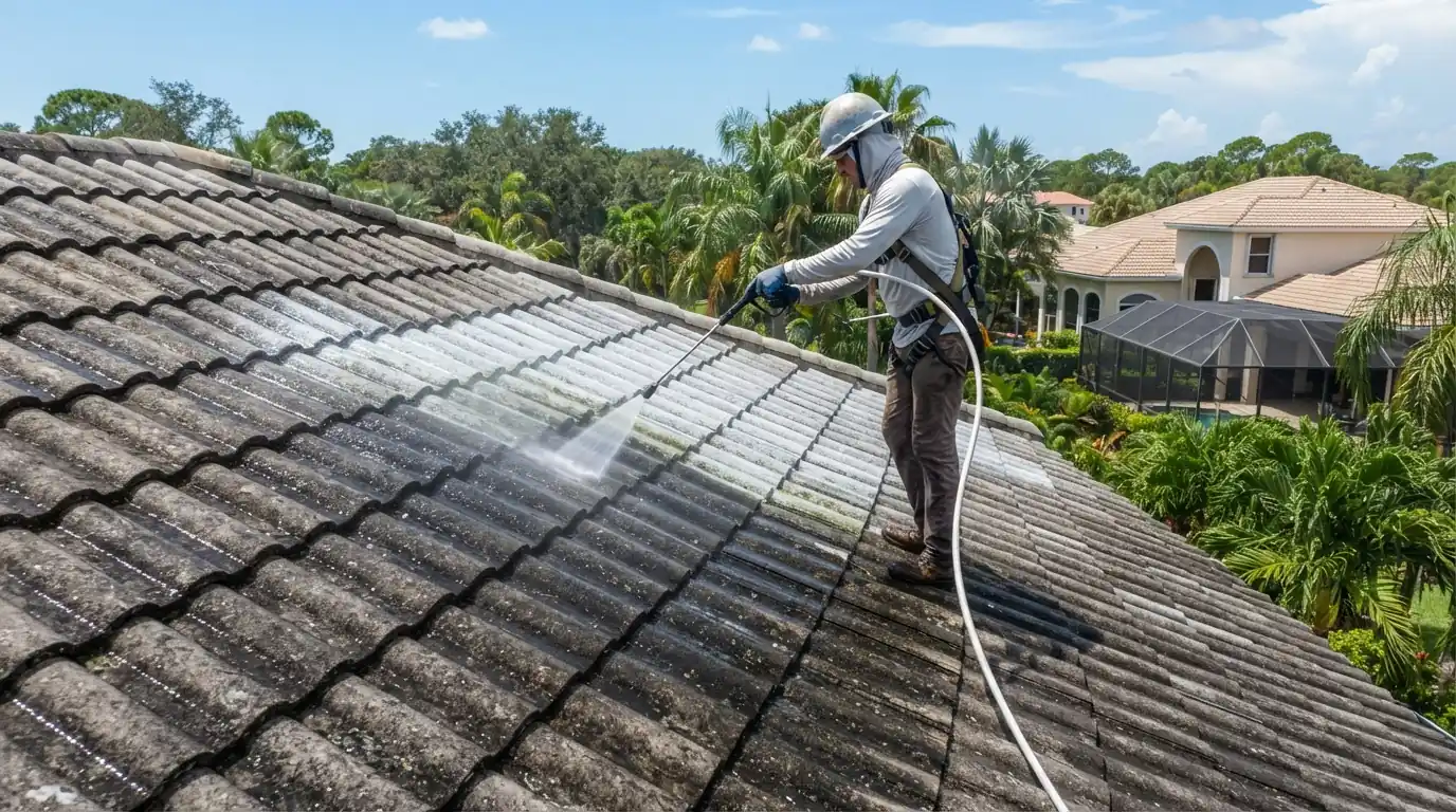 Concrete tile roof being soft washed with a low-pressure spray