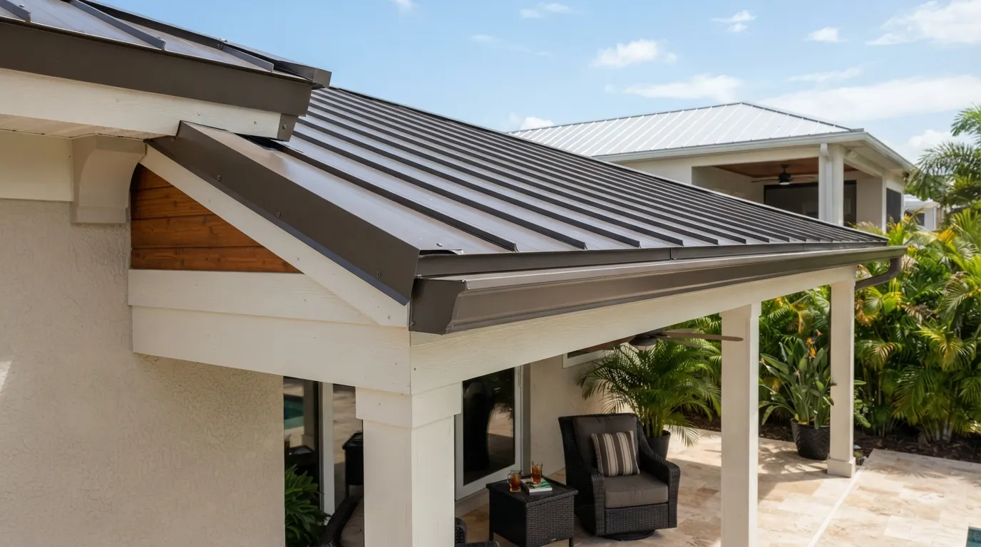 Low-slope porch roof over a back lanai with new metal edge