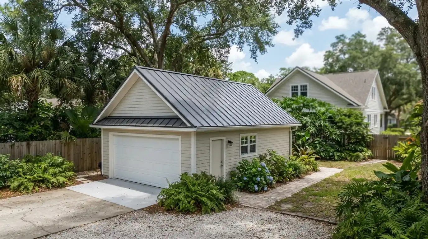 New metal roof on a detached garage behind a rural Nassau County home