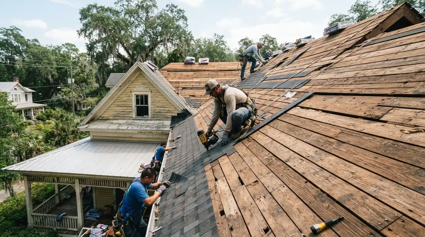 Original board decking on an older home with plywood overlay being fastened