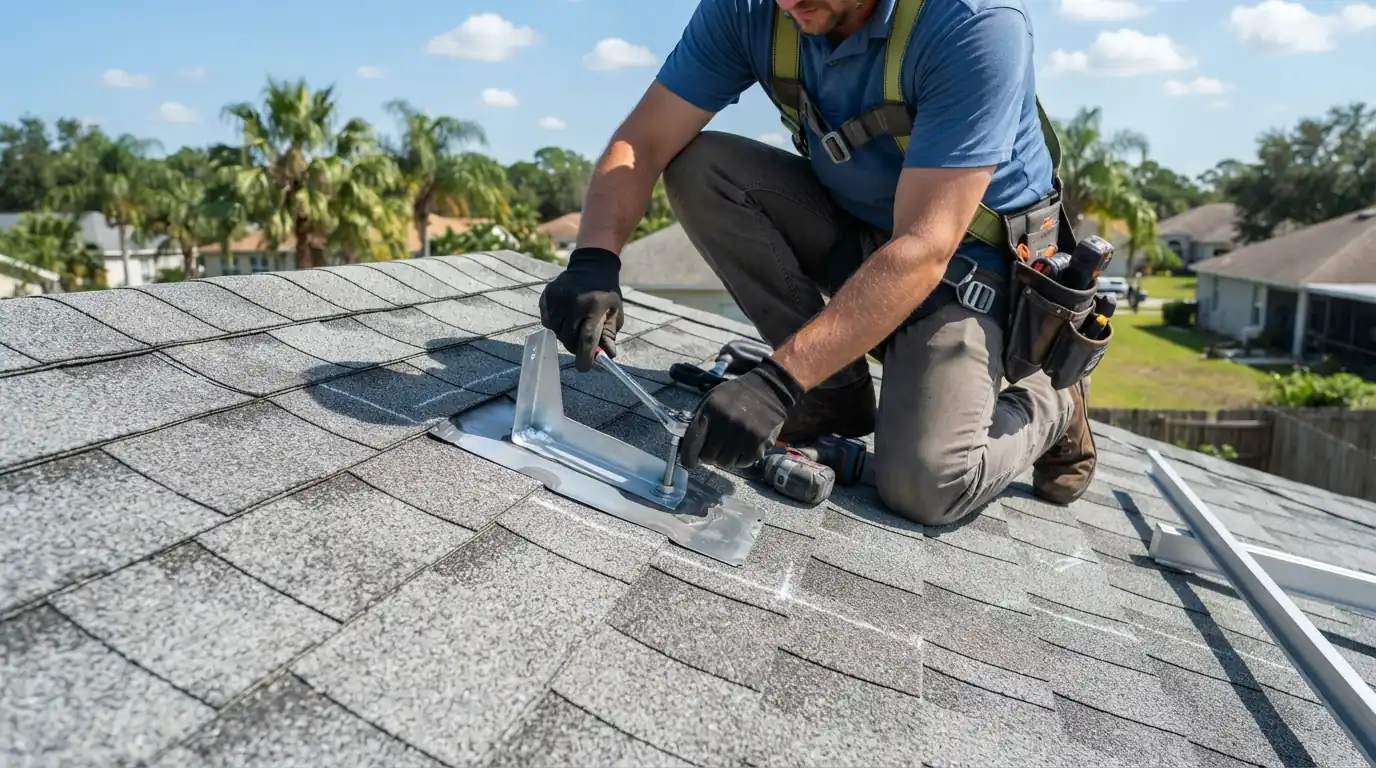 New flashed solar mount fastened into a rafter on a fresh shingle roof