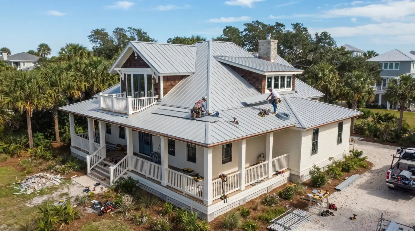 Light gray standing seam metal roof on a coastal home in Nassau County