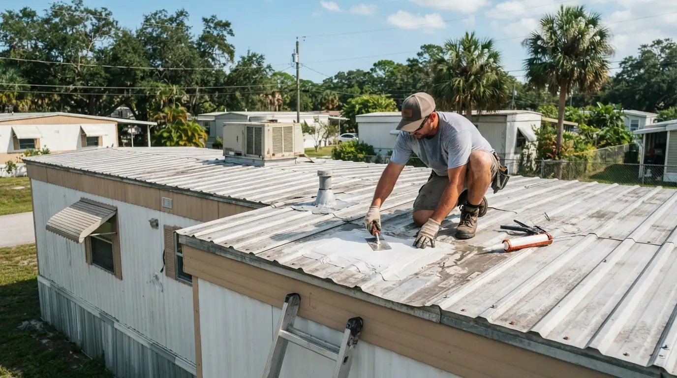 Resealed vent flashing and new fasteners along a mobile home roof edge