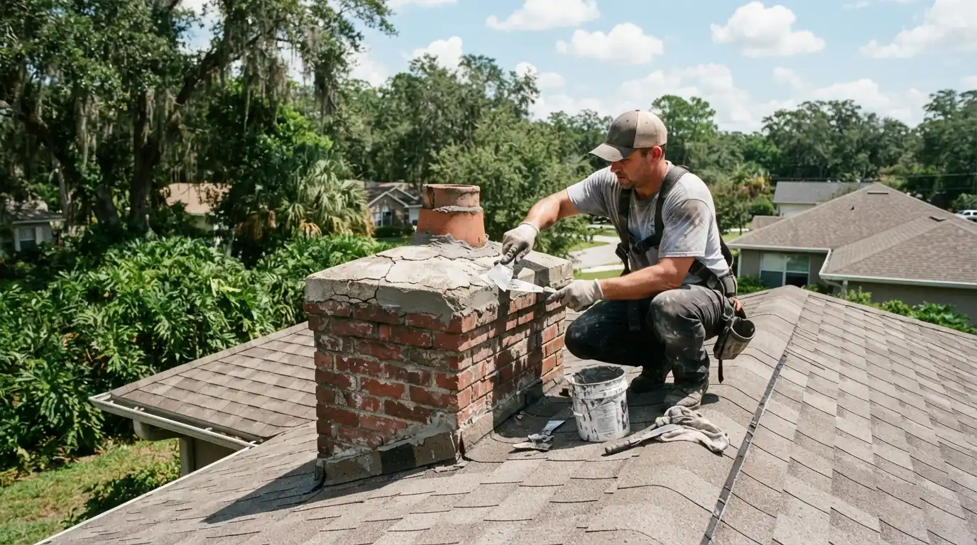 Roofer resealing a cracked chimney crown and cap on a Jacksonville house