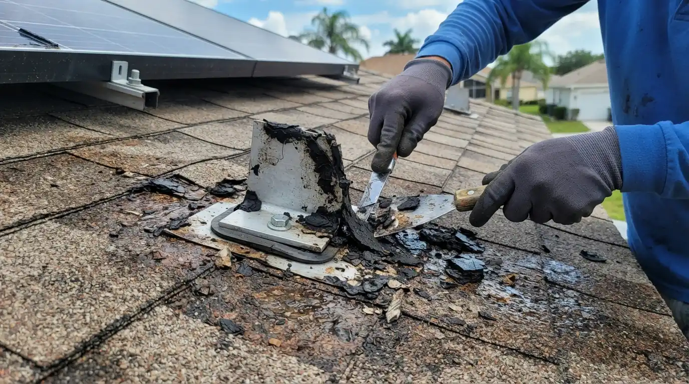 Old tar-sealed solar mount being removed from a shingle roof