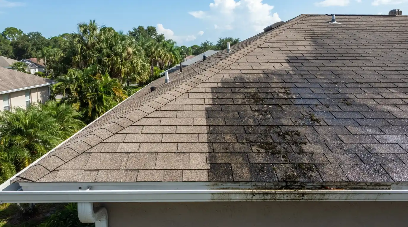Half-cleaned shingles showing black algae streaks beside clean shingles
