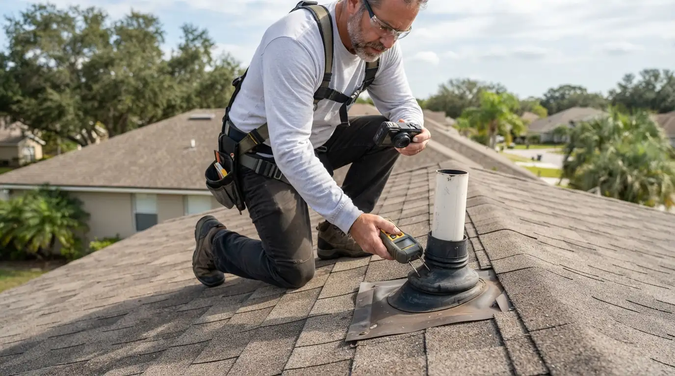 Inspector checking a pipe boot on a shingle roof in Marion County