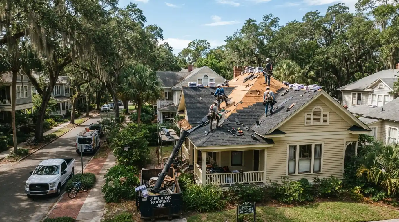 Craftsman bungalow with a new dimensional shingle roof on a tree-lined Jacksonville street