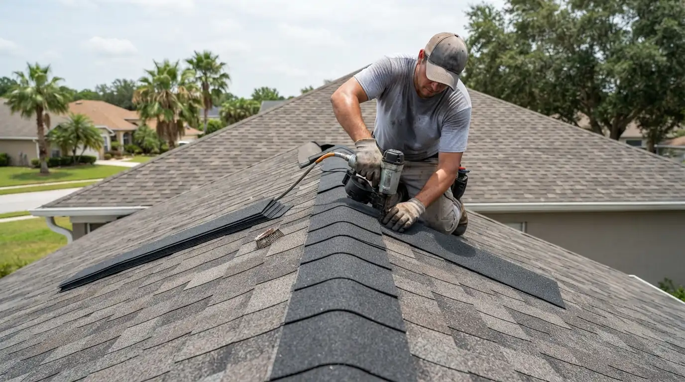 New ridge cap shingles being nailed along a roof peak