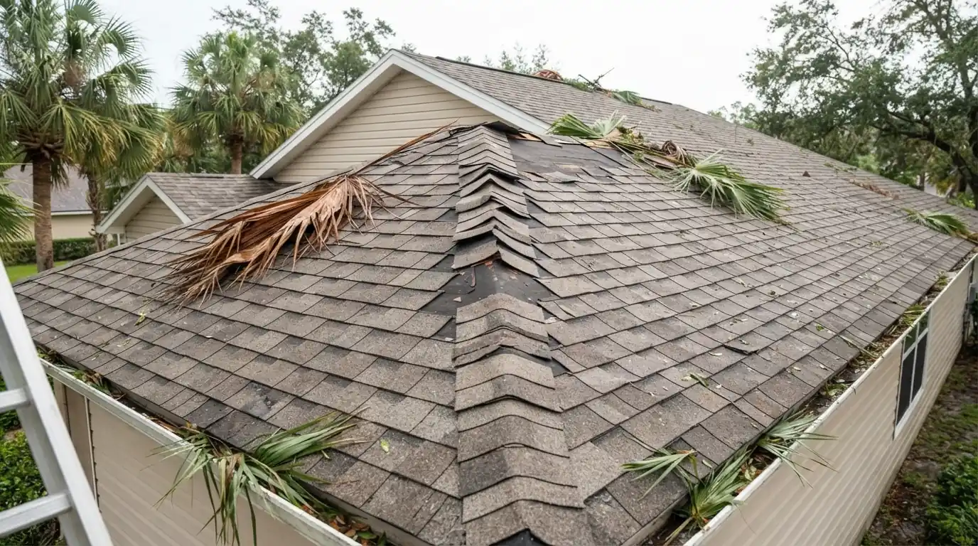 Creased and missing shingles along a ridge after a tropical storm in Jacksonville