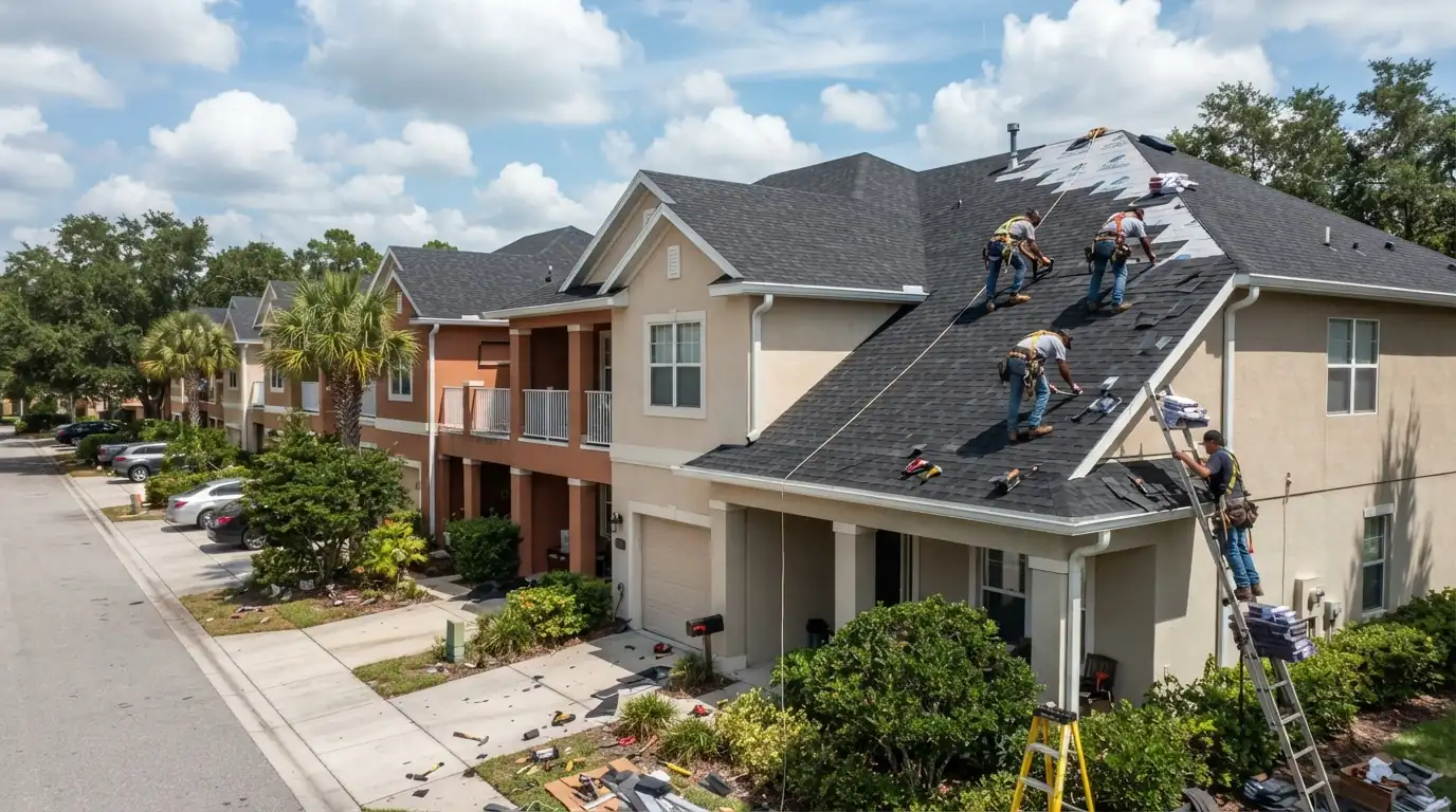 Townhomes with matching new shingle roofs in a planned St. Johns County neighborhood