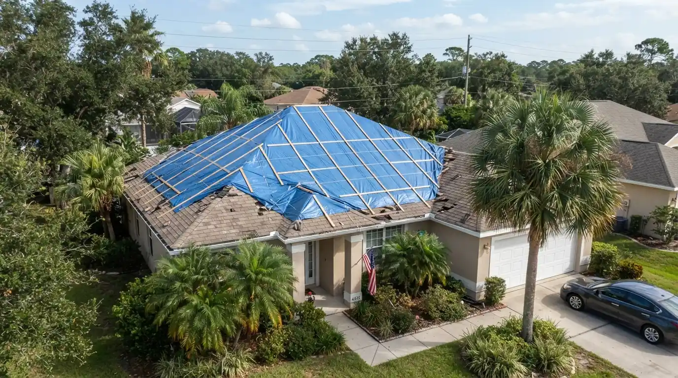 Battened blue tarp over a storm damaged hip roof on a Jacksonville home