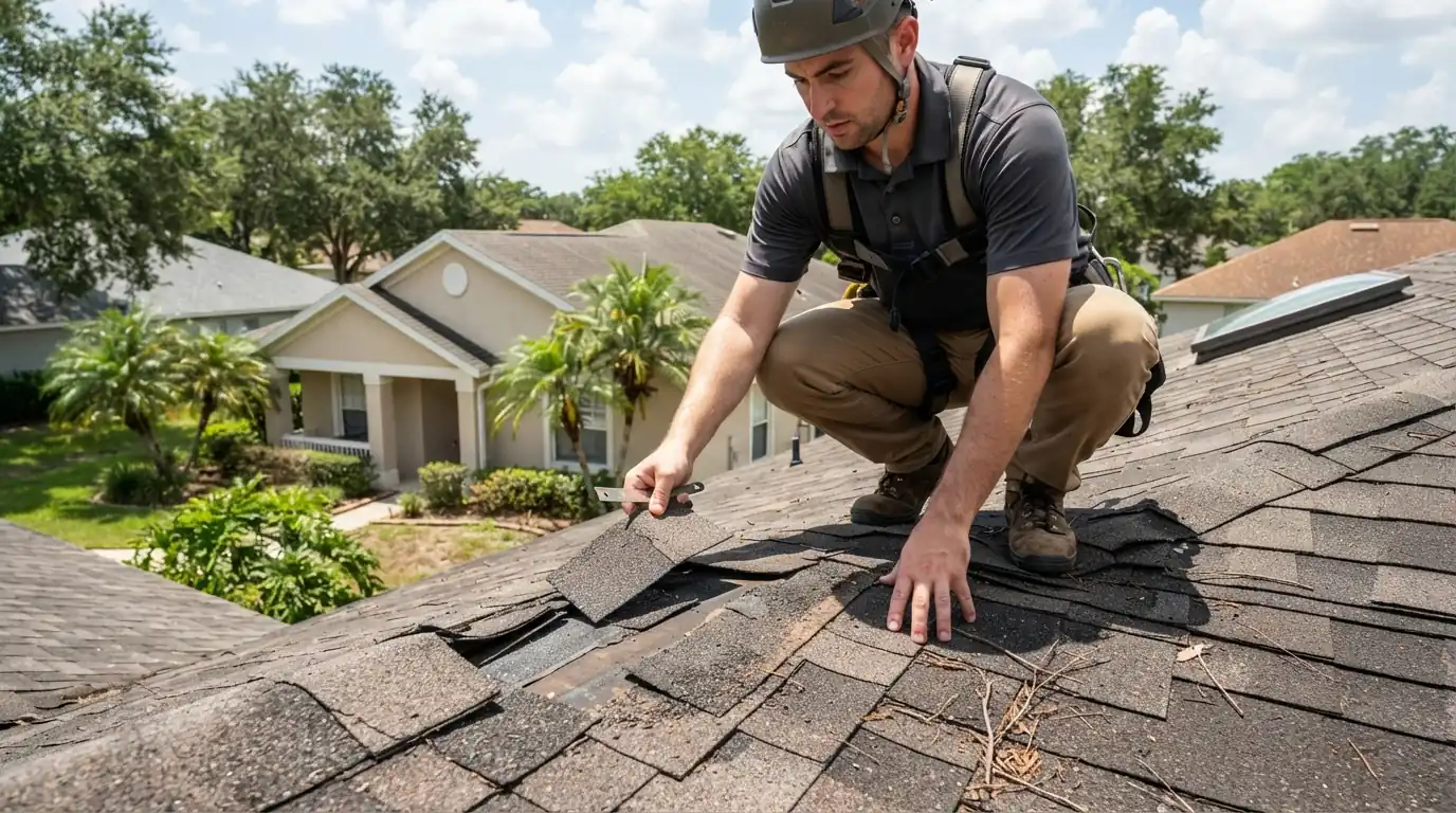 Hail hits and creased shingles marked with chalk after a storm
