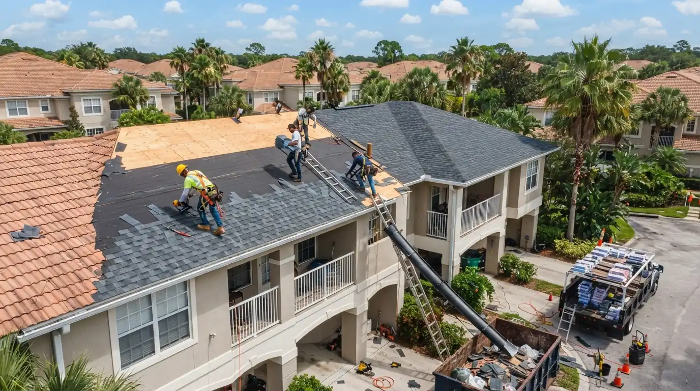 Crew reroofing the end unit of a townhome row