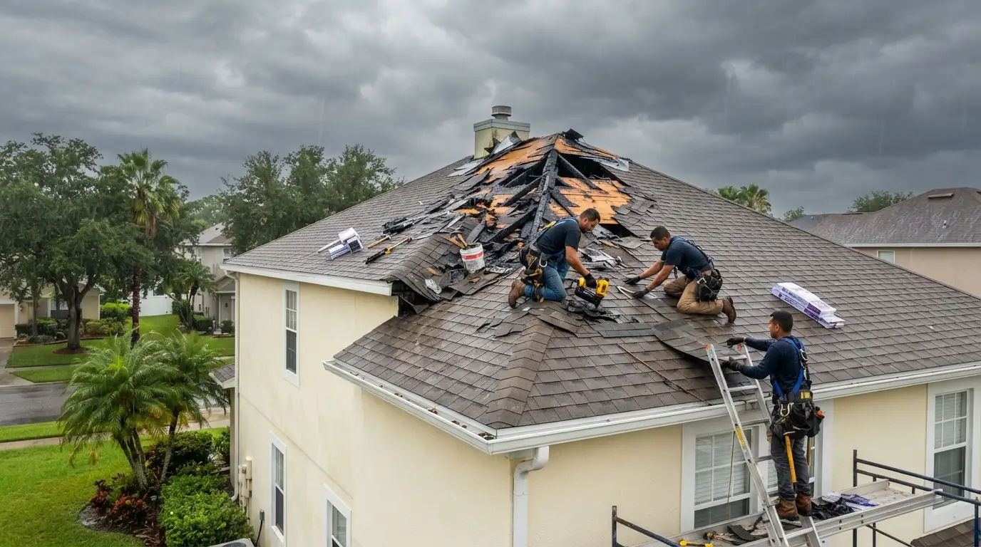 Scorched hole through shingles and decking from a lightning strike