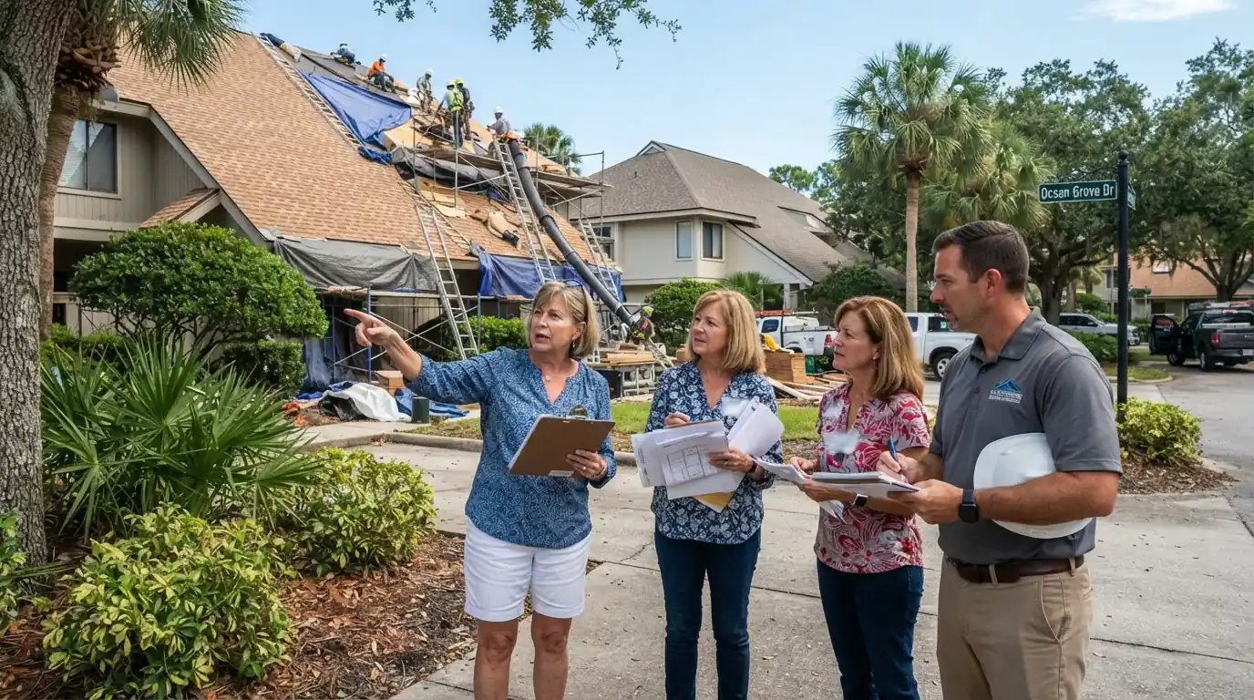 Board members reviewing a roof condition report with photos