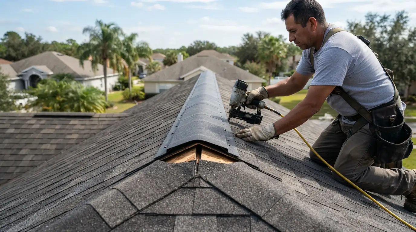 Continuous ridge vent cap being fastened along a roof peak