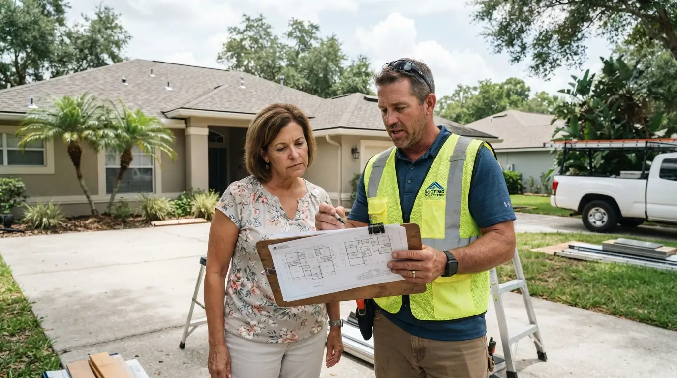 Roofing guide pages and a notepad on a Jacksonville kitchen table