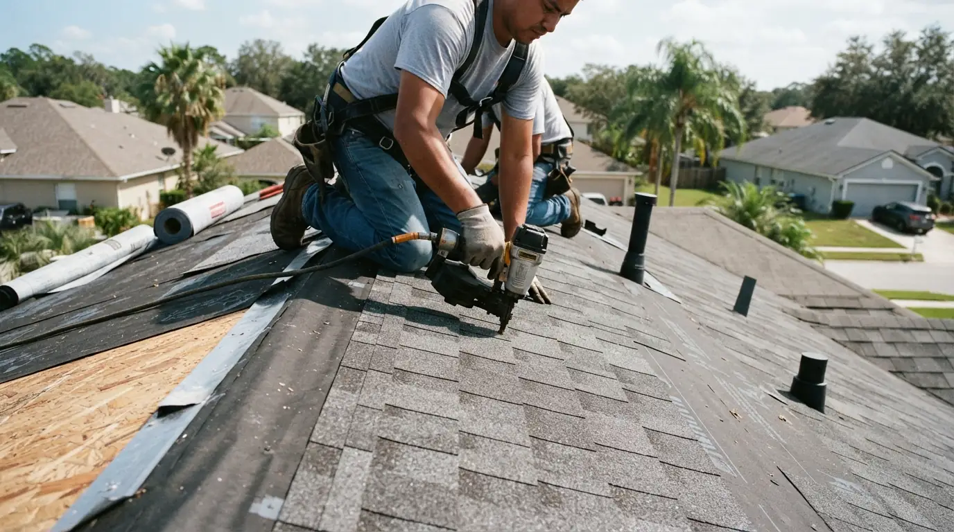 Close view of an impact-rated architectural shingle on a roof sample board