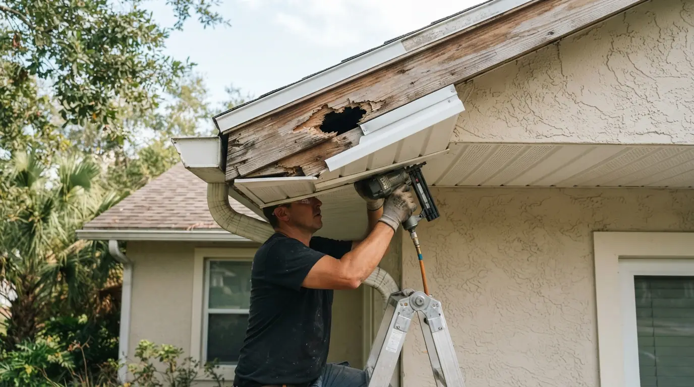 Chewed soffit corner being rebuilt and screened at a roof eave