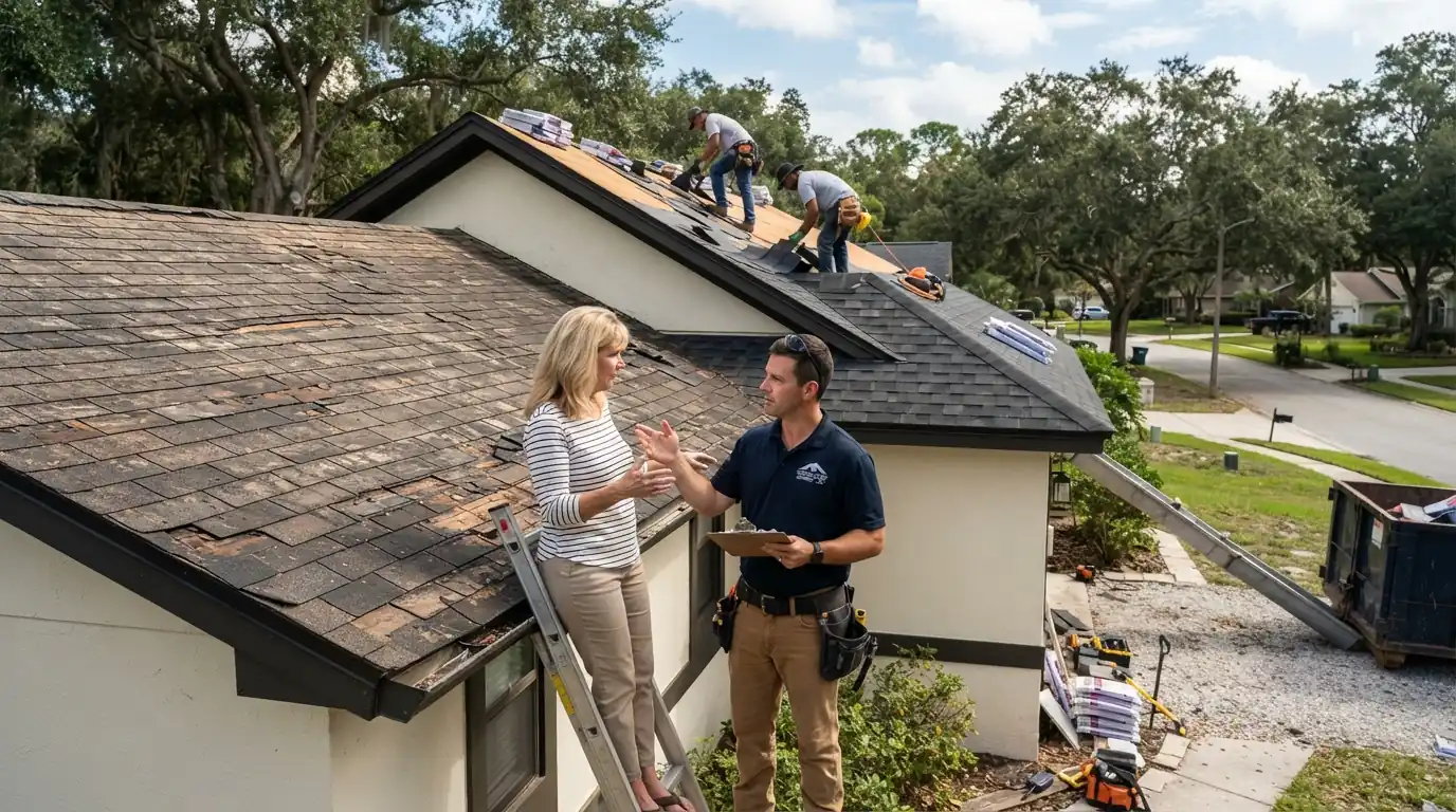 Roofer marking a damaged section of shingles on one slope of a Jacksonville roof