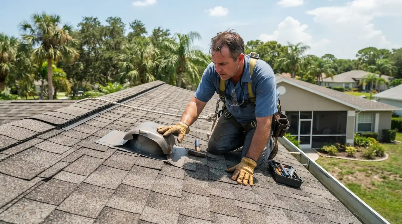 Roofer photographing a ridge cap during an annual roof checkup