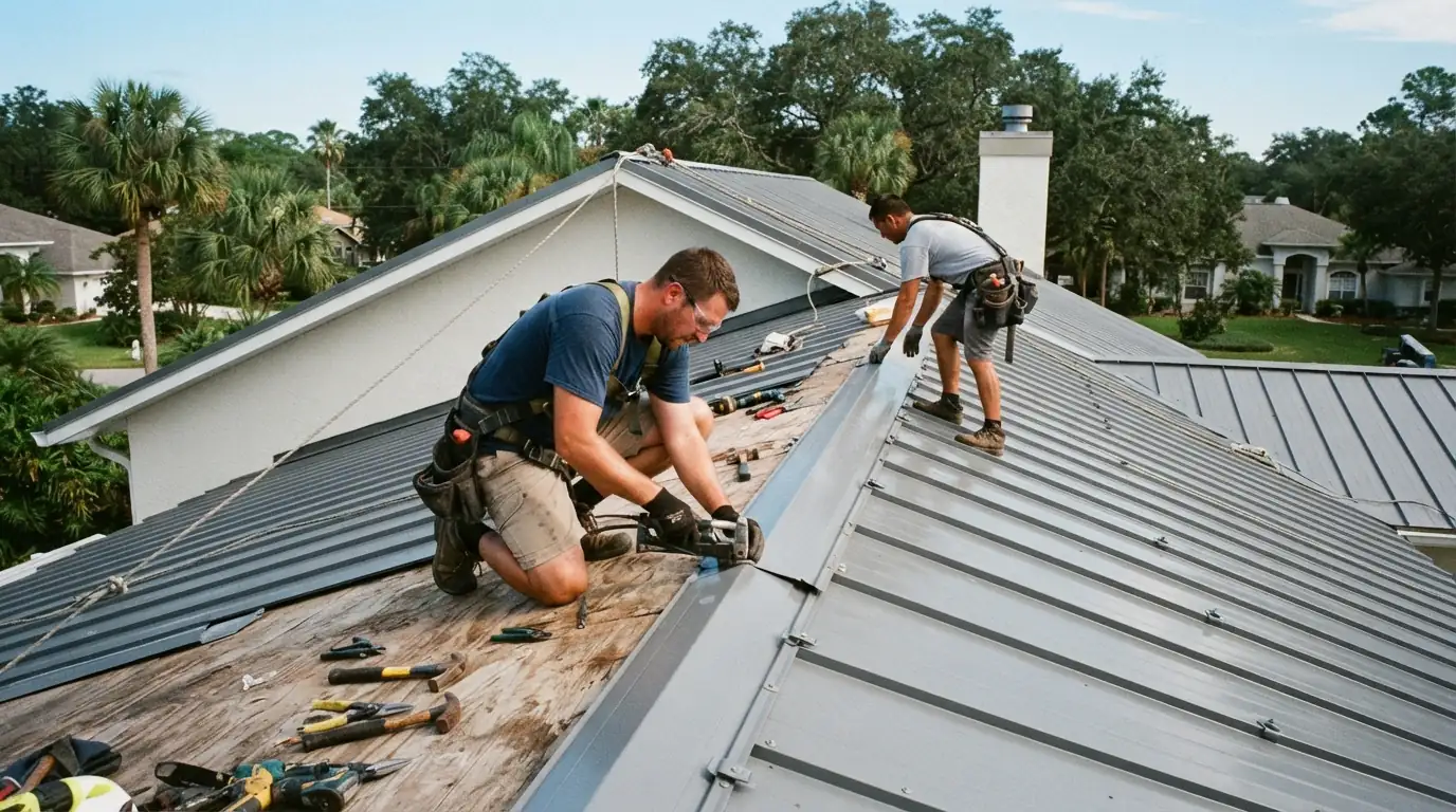 Standing seam panels being locked together over concealed clips