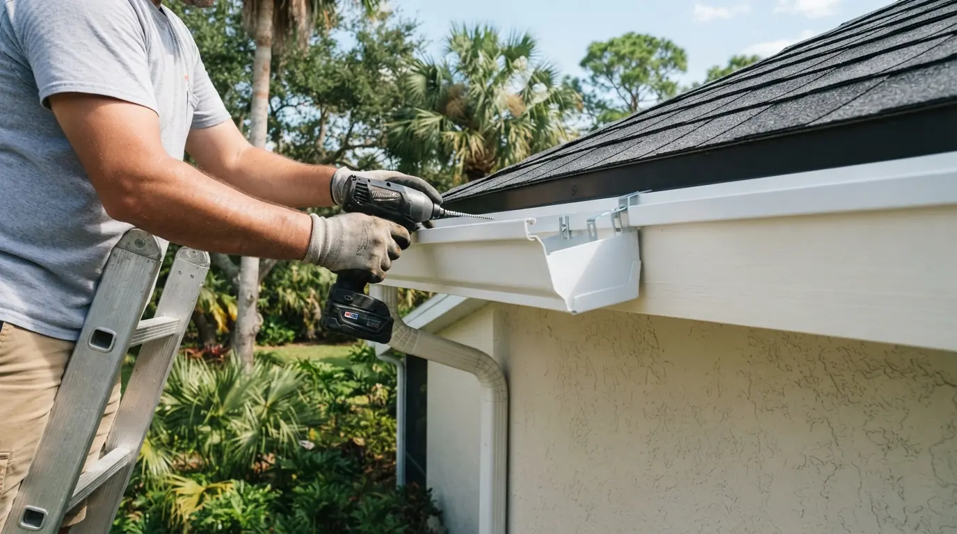Gutter being rehung with hidden hangers on new fascia