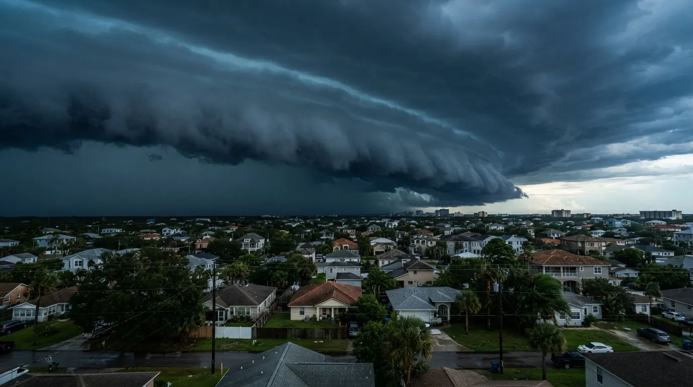 Dark storm cloud moving over rooftops in coastal Northeast Florida