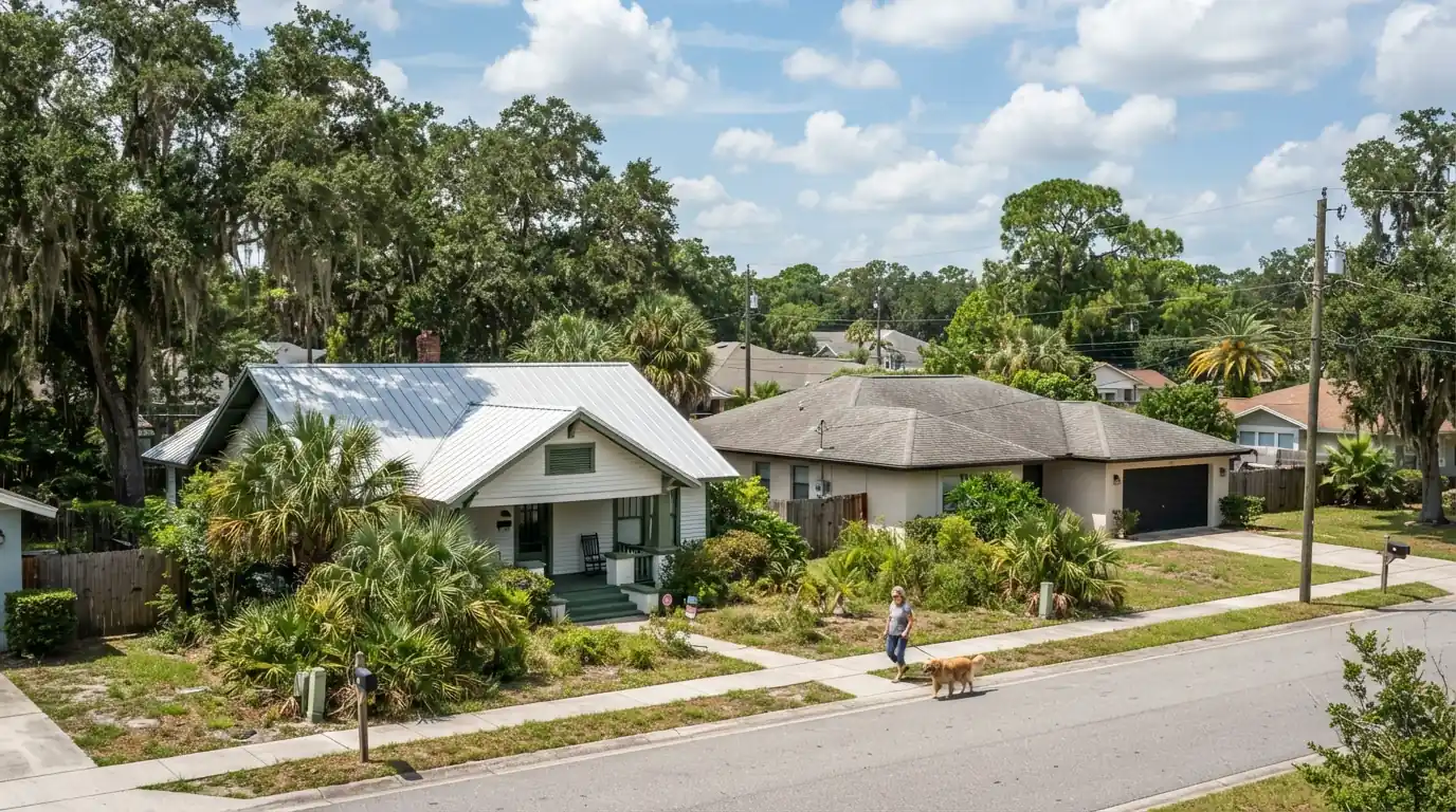 Architectural shingle roof beside a standing seam metal roof on neighboring Florida homes